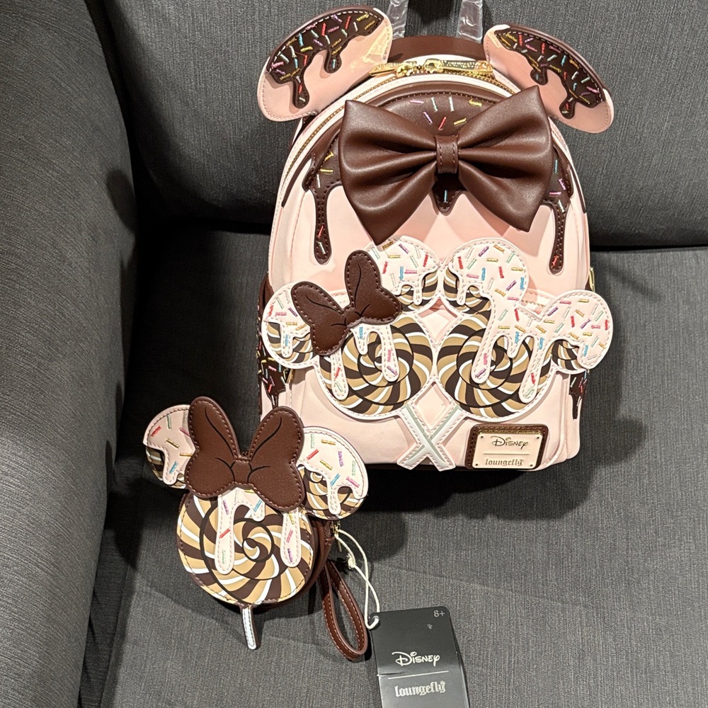 Loungefly Pink and Brown chocolate sprinkle backpack and wristlet wallet set.